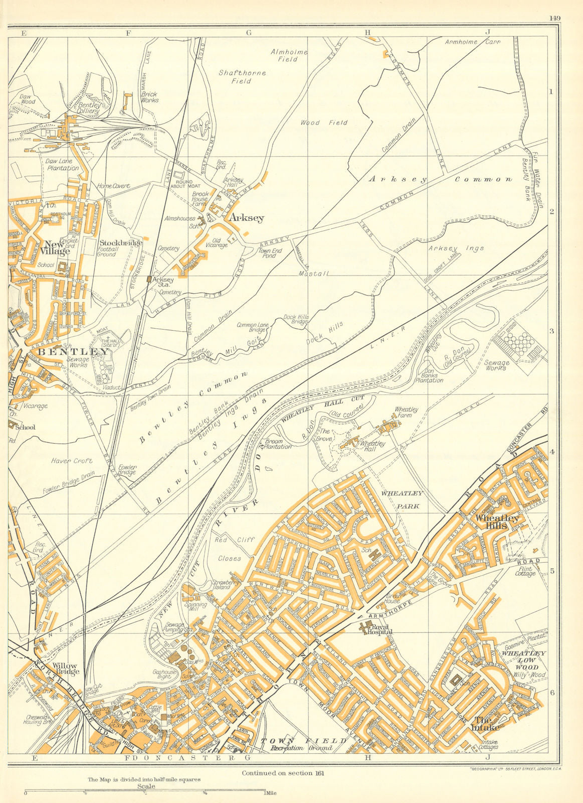 DONCASTER Bentley Intake Willow Bridge Wheatley Hills Arksey 1935 old map